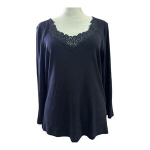 Lauren Ralph Lauren Long sleeve Ribbed Top with Lace 100% Cotton Large